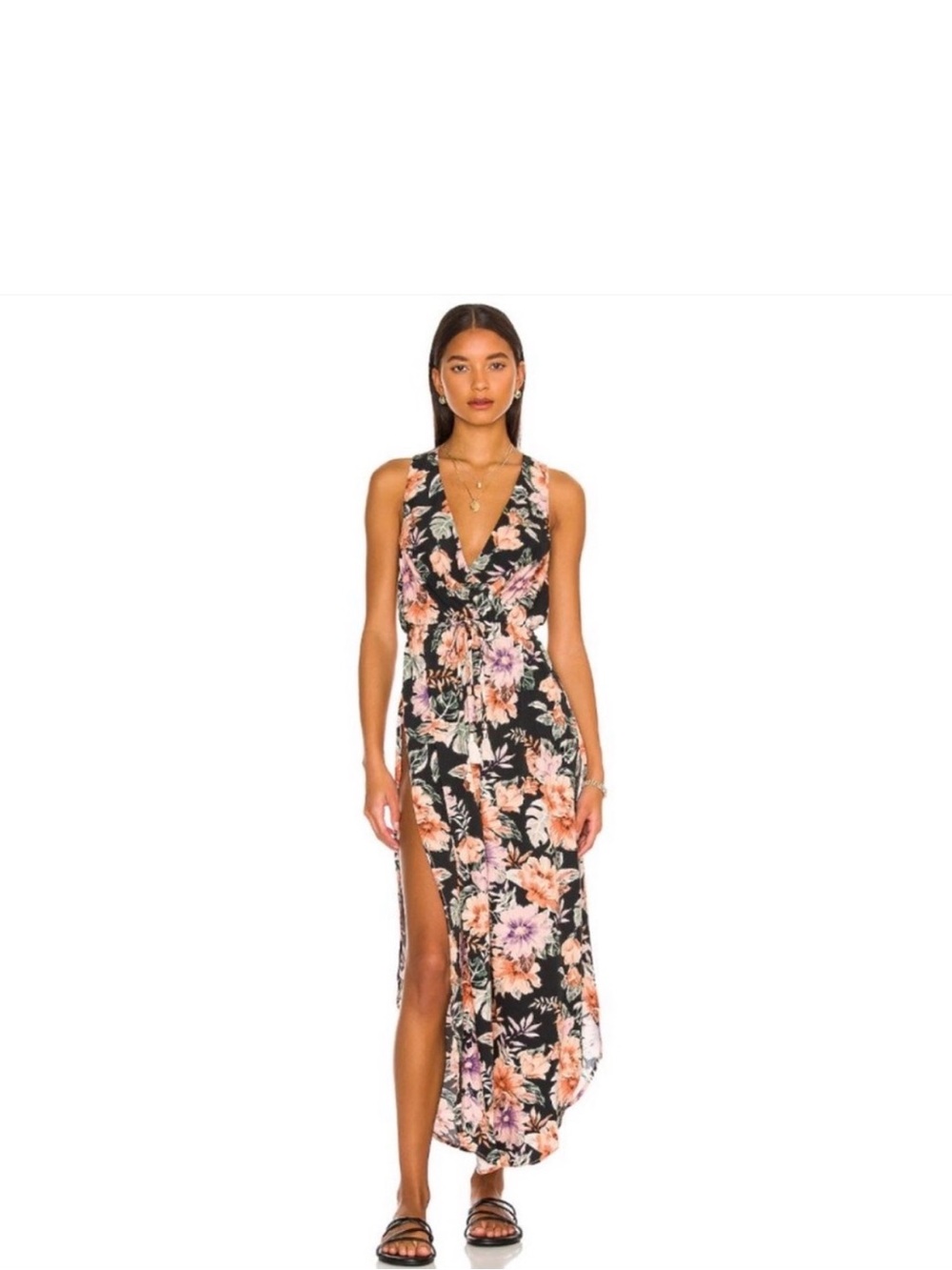 l*space Black Floral V-Neck Maxi Dress with Peach & Pink Blossoms
